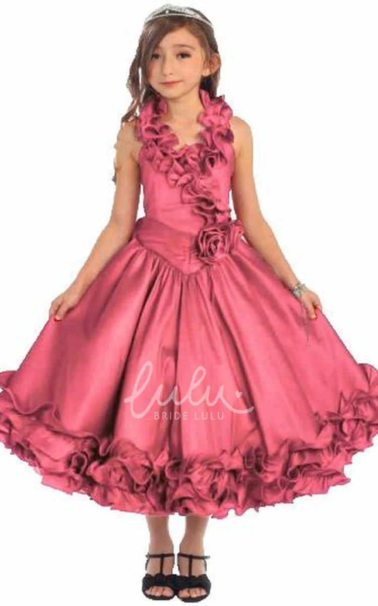 Ruffled Lace Flower Girl Dress with Tiered Skirt Tea-Length