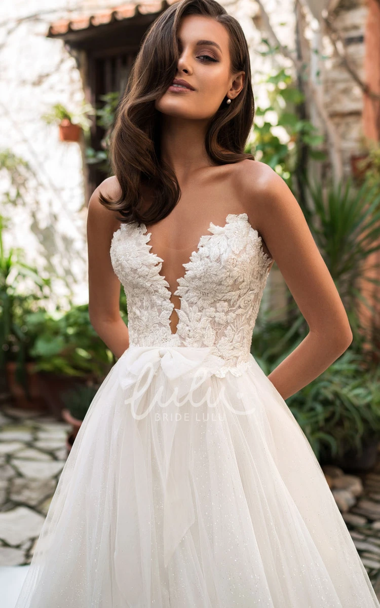 A Line Ball Gown Lace Tulle Wedding Dress with Sweetheart Neckline and Bow