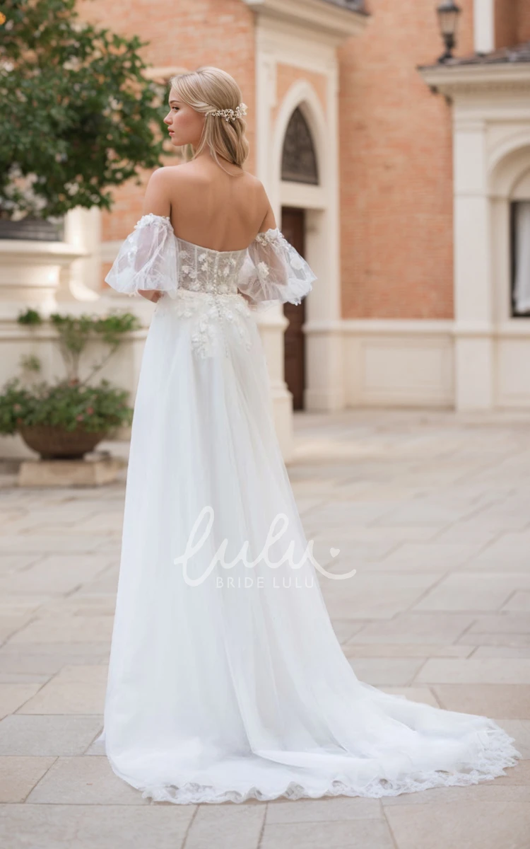 Ethereal Sexy A-Line Lace Tulle Wedding Dress Off Shoulder Puff Sleeves Open Back Bridal Gown