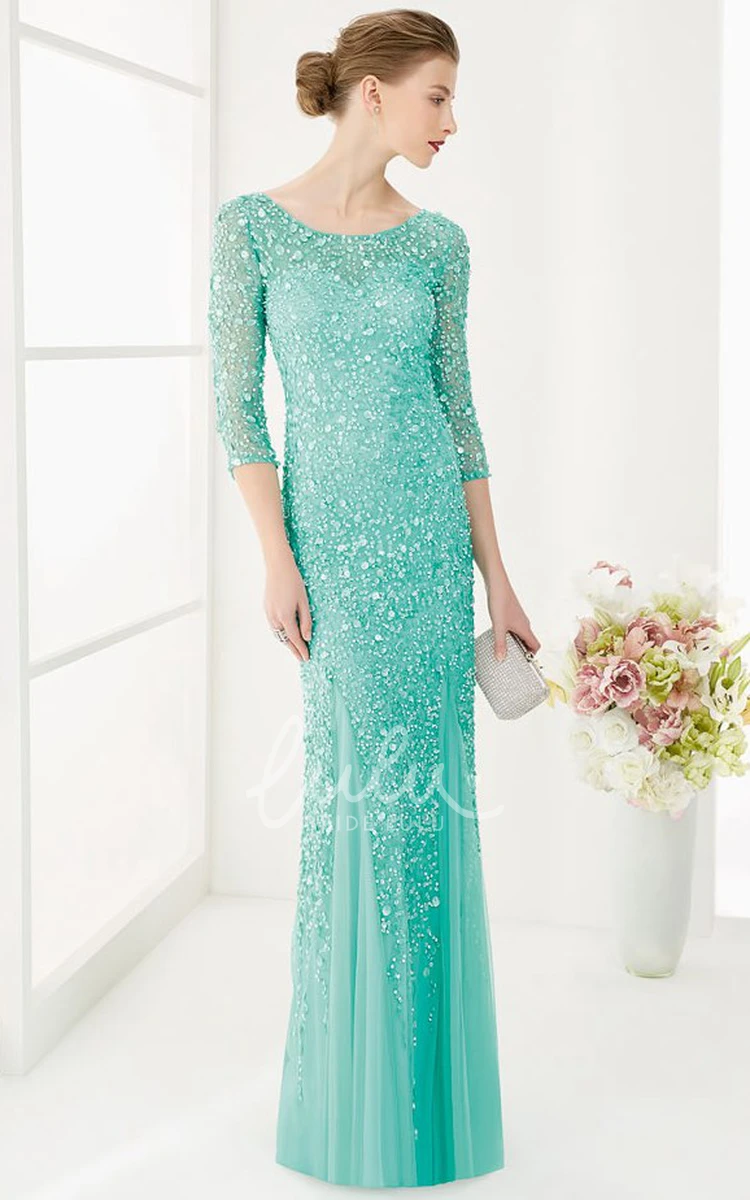 Sequin Tulle Sheath Prom Dress with Scoop Neck and 3/4 Sleeves