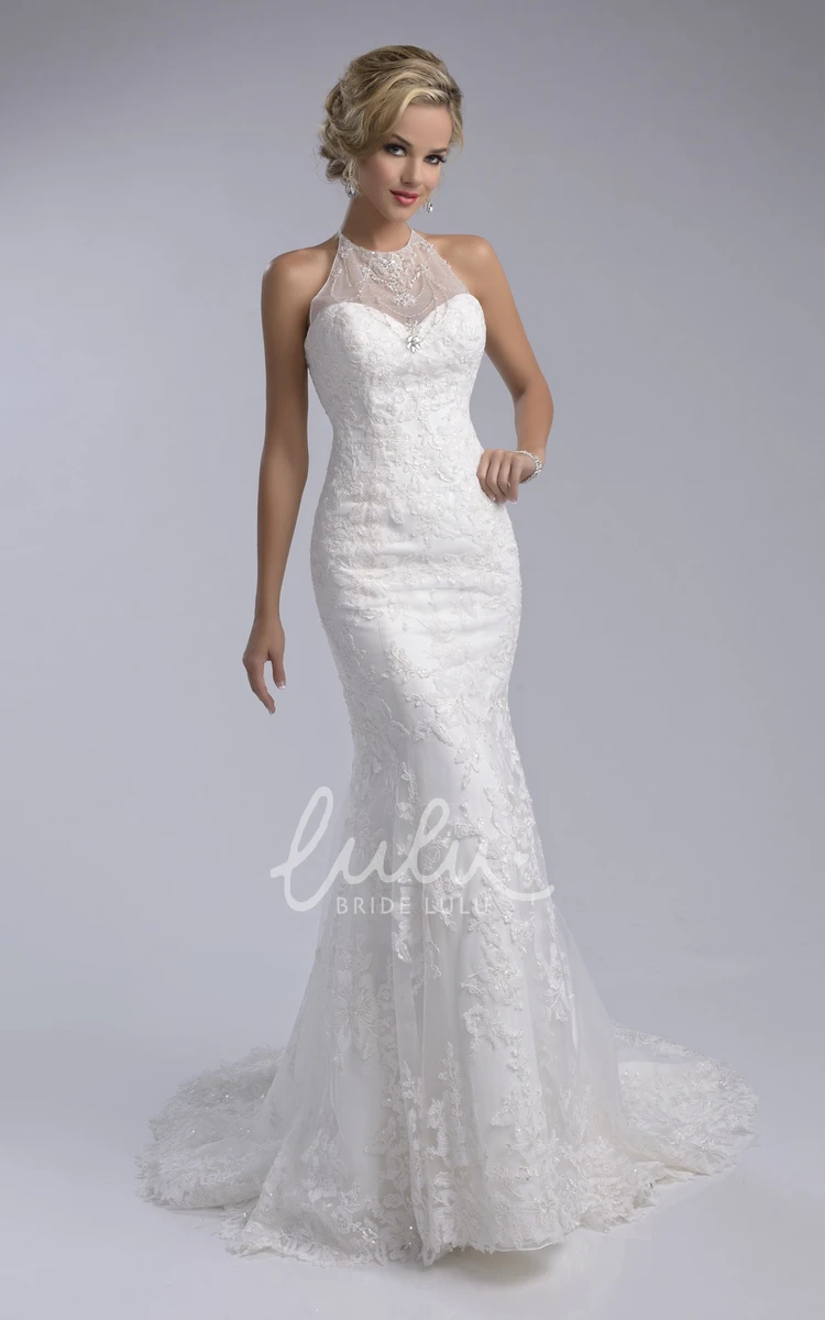 Halter Sleeveless Lace Mermaid Wedding Dress with Lace-Up Back Bridal Gown
