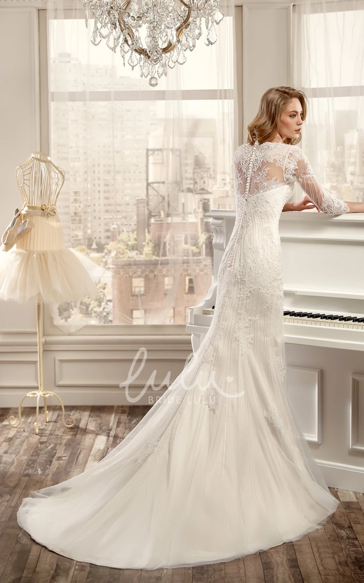 Sheath Tulle Beaded Wedding Dress with Illusion Back 3/4 Sleeve Bridal Gown