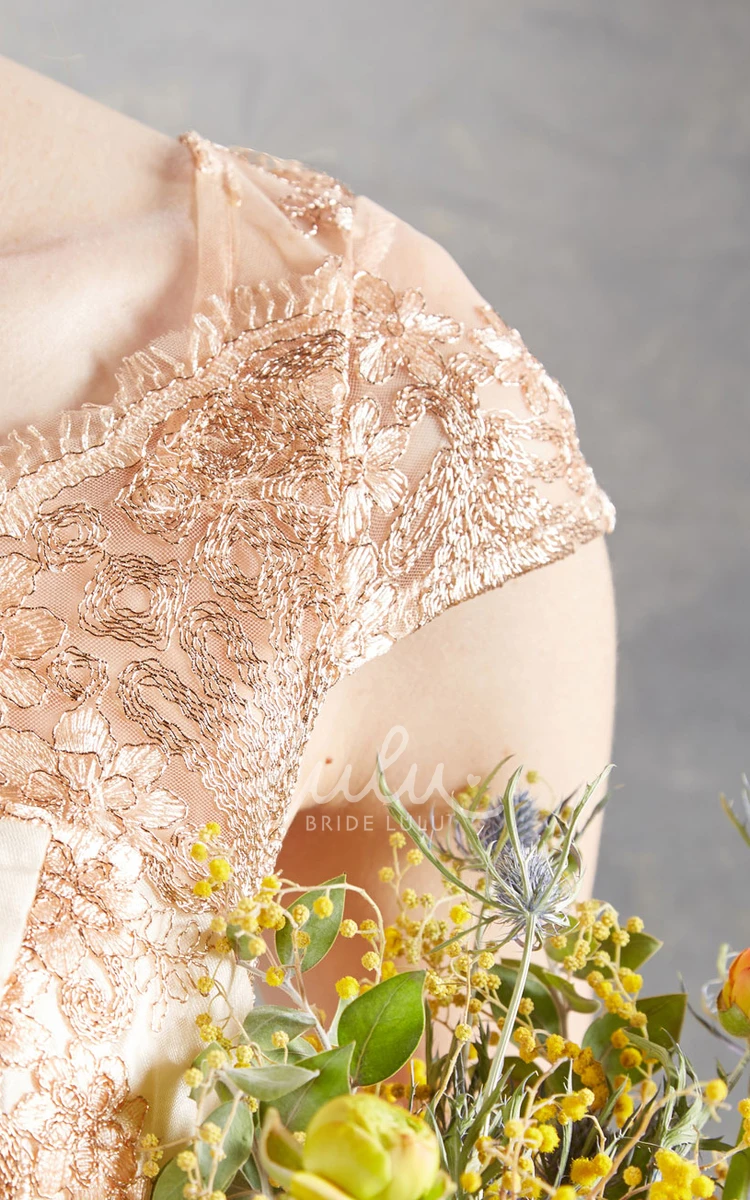Cap Sleeve Lace Wedding Dress Tea-Length A-Line Bateau Neck Appliqued