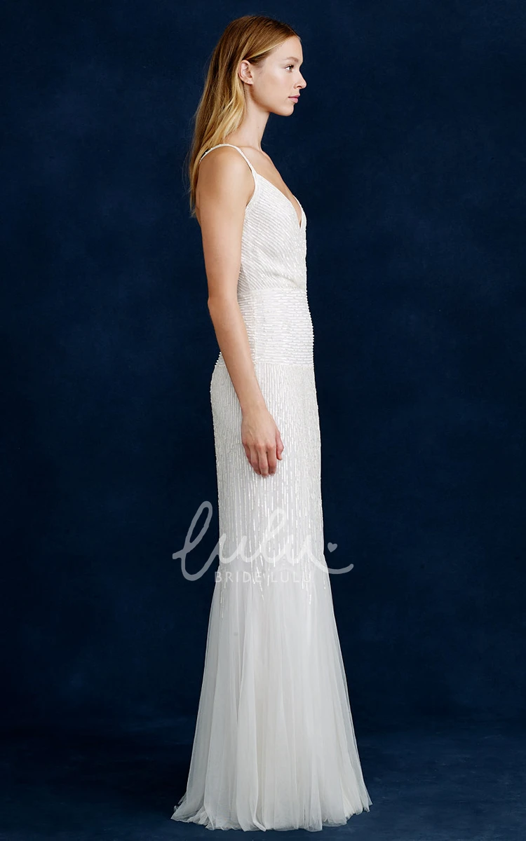 Tulle Beaded Sheath Wedding Dress with V-Neck Sleeveless Design and Tiers