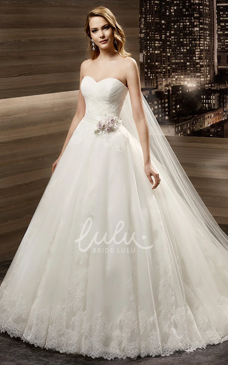 Open-Back A-Line Wedding Dress with Flower Waist and Brush Train