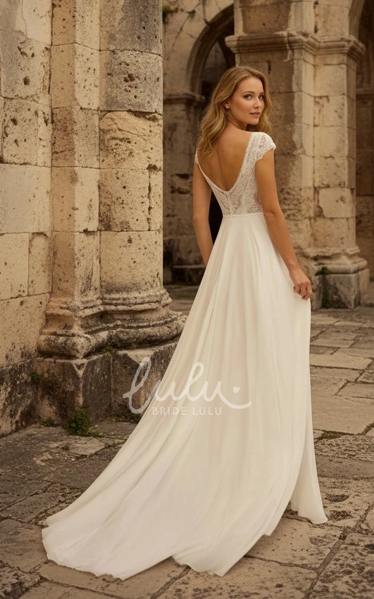 Sexy Ethereal A-Line Lace Appliques Chiffon Wedding Dress with Plunging Neckline Deep-V Back for Beach Ceremony