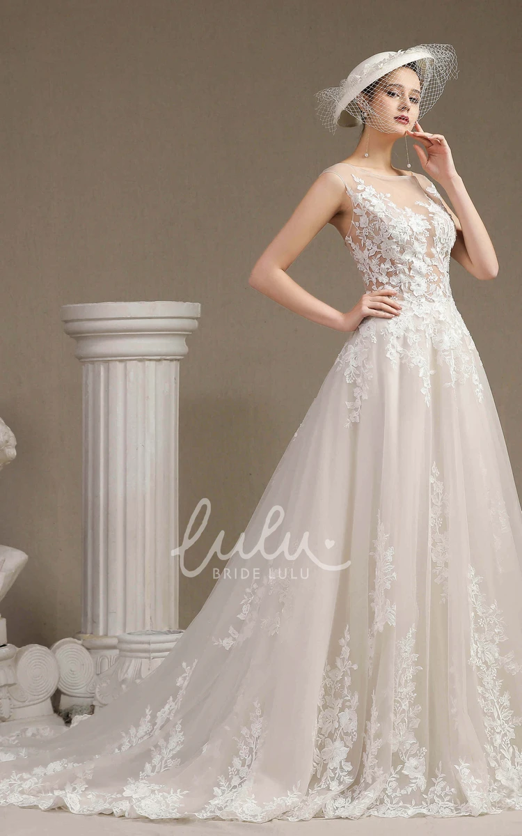 Lace Appliqued Ballgown Wedding Dress with Illusion Top and Cap Sleeves