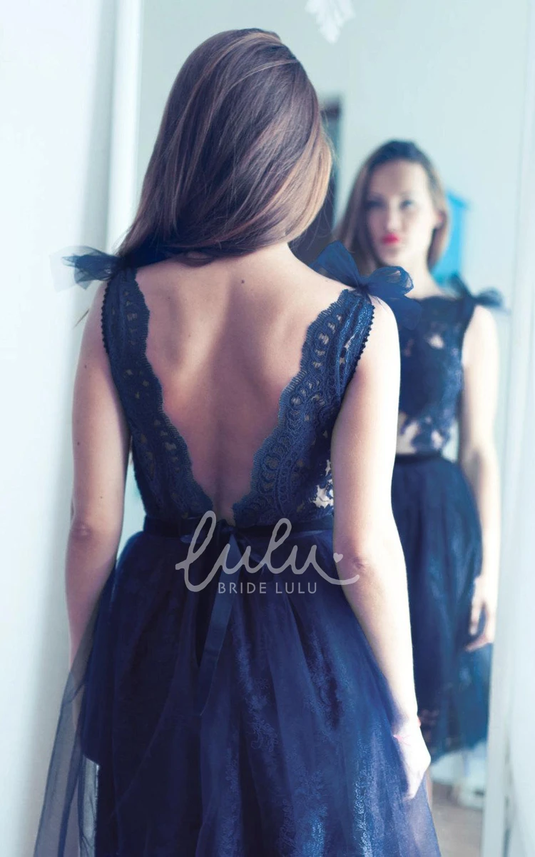 Navy Blue Lace Open Back Evening Dress for Women