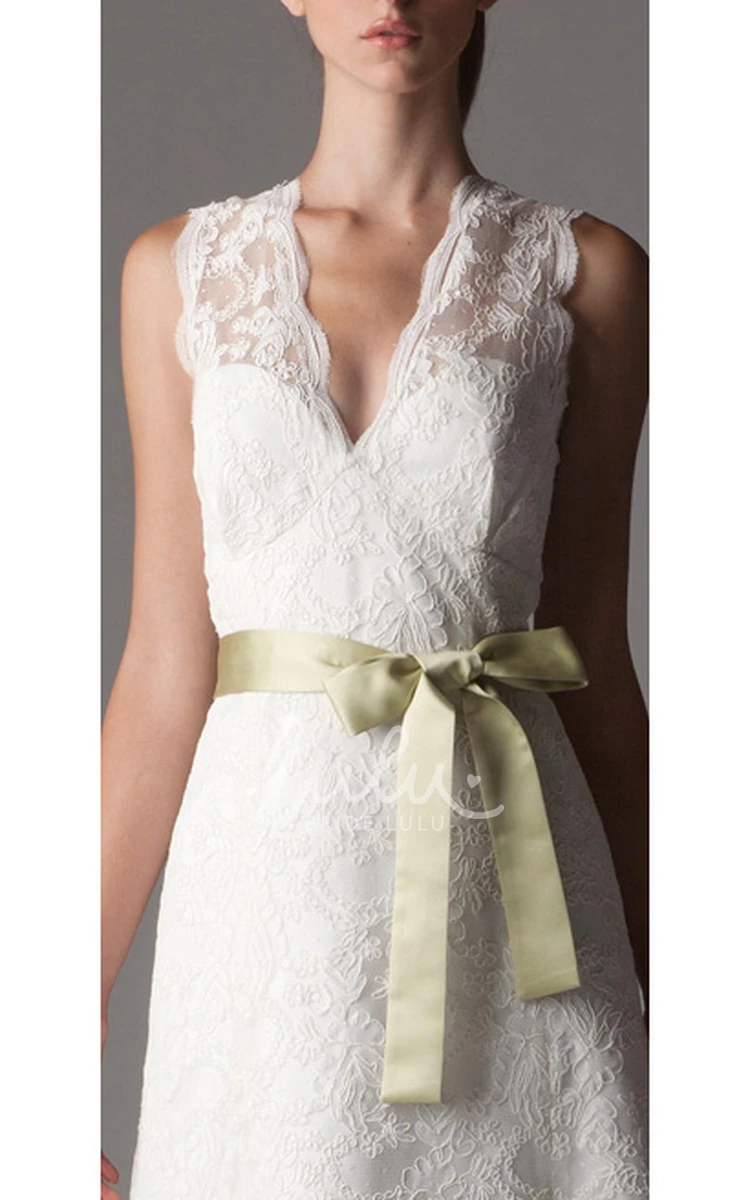 Lace Wedding Dress With Bow And V Back Sleeveless Sheath V-Neck Long