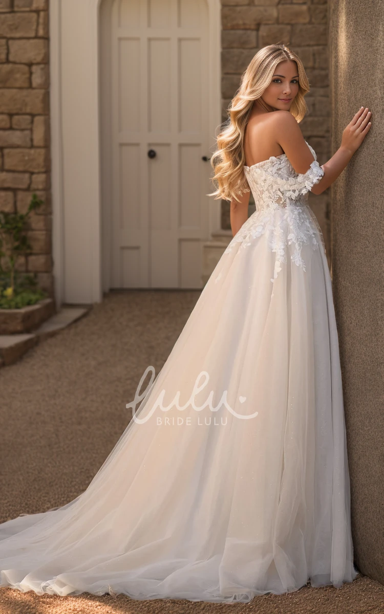 Beach Fairy Boho Lace Off-the-Shoulder Wedding Dress Elegant Sexy A-Line Sweetheart Floral Strapless High Split Front Bridal Gown with Appliques and Train