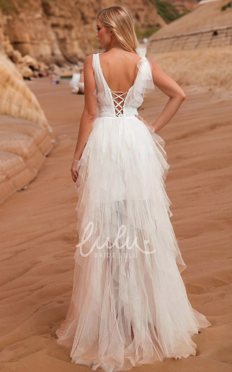 A-Line Tulle Ethereal Romantic Wedding Dress Beach Sexy Solid V-neck Floor-length Sleeveless Bridal Gown with Lace-up Back