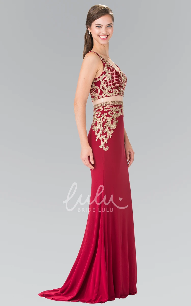 Sleeveless Two-Piece Sheath Jersey Dress with Appliques and Beading Classy Bridesmaid Dress