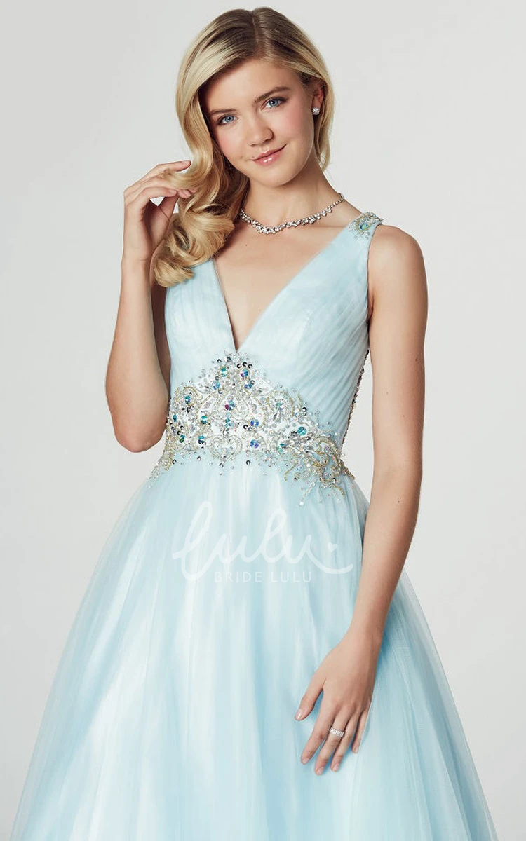 V-Neck Sleeveless Ruched A-Line Tulle Prom Dress