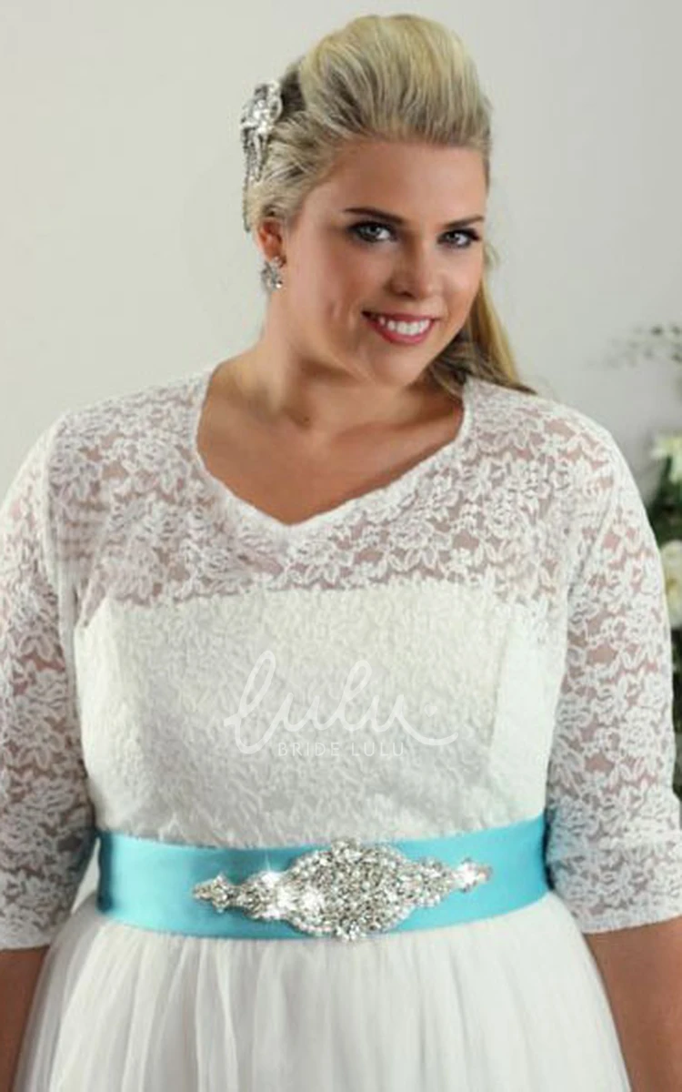Lace Half-Sleeve A-Line Plus Size Wedding Dress with Waist Jewelry