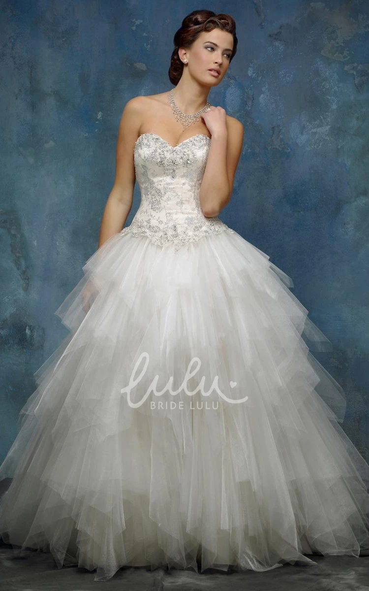 A-Line Ball Gown Wedding Dress with Cascading Ruffles Sweetheart Floor-Length Tulle Sleeveless