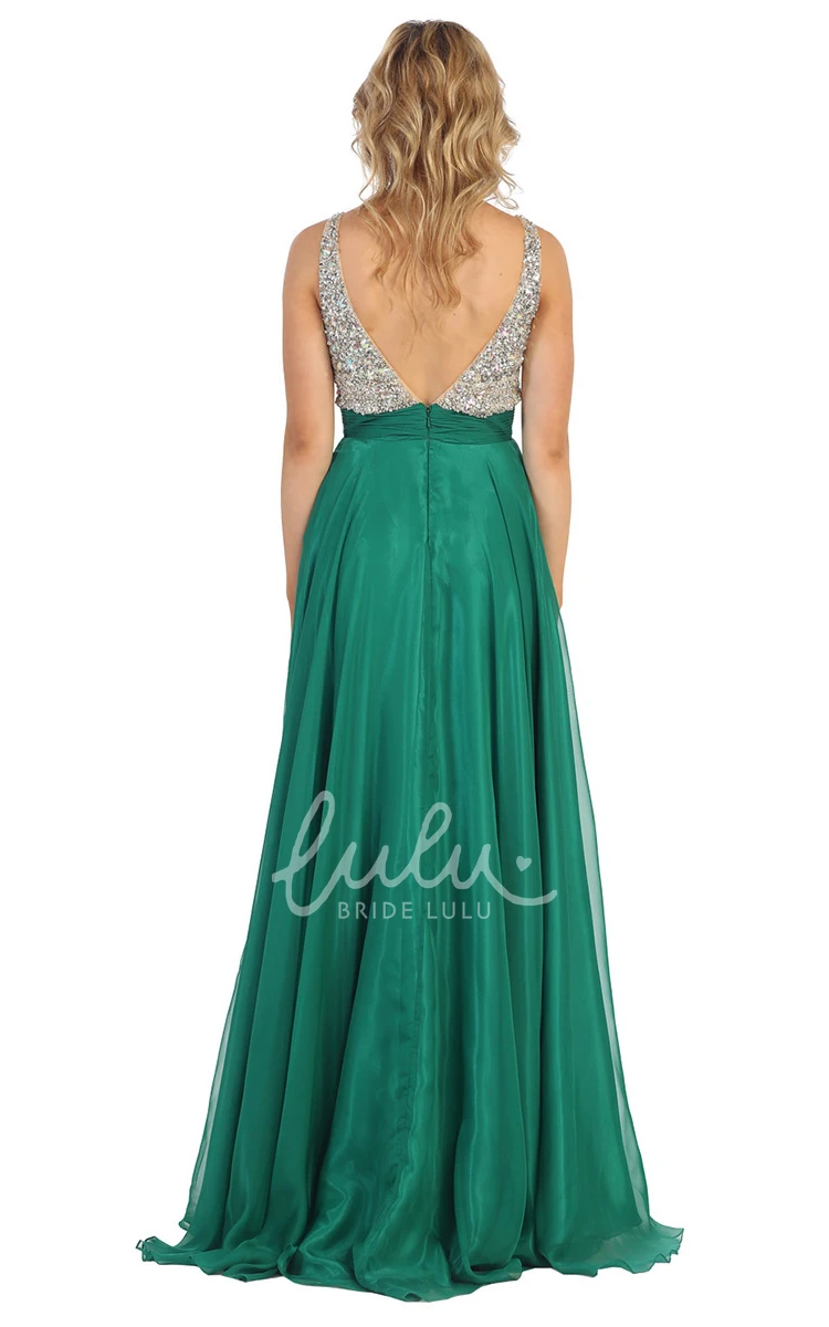 Maxi Deep-V Back A-Line Formal Dress with Beading and Pleats