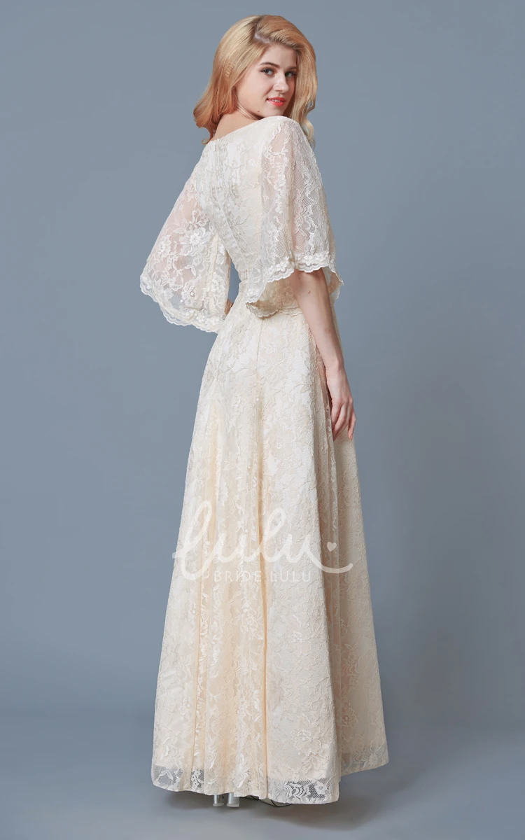 Long Lace Bridesmaid Dress with Bell Sleeves Vintage V Neck