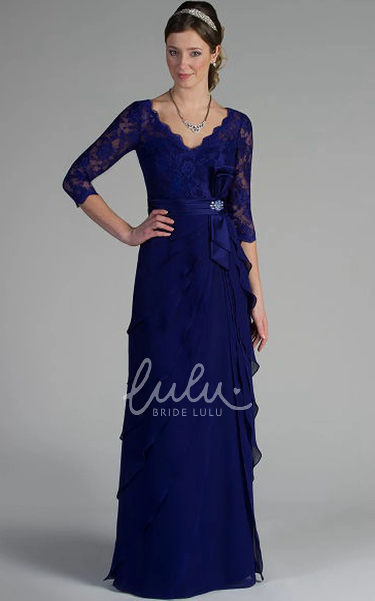 Draped Lace & Chiffon Mother of the Bride Dress with Broach Sheath V-Neck 3-4-Sleeve