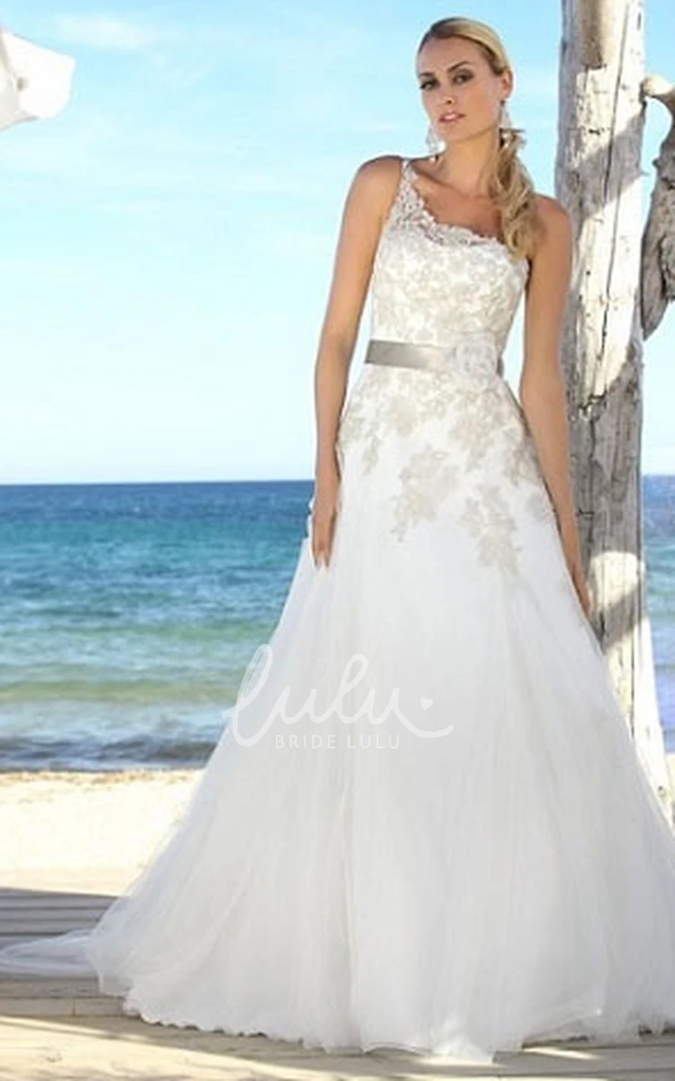 One-Shoulder A-Line Tulle&Lace Wedding Dress with Sleeveless