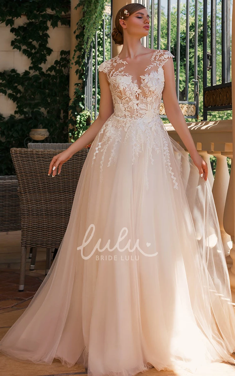 Sexy Tulle Bateau Neck Wedding Dress with Appliques A Line Style