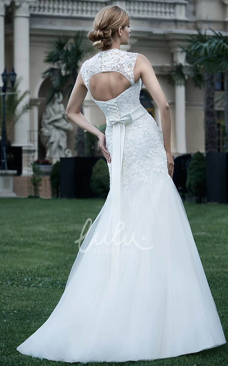 Maxi Queen-Anne Mermaid Tulle&Lace Wedding Dress with Appliques and Bow Unique Wedding Dress