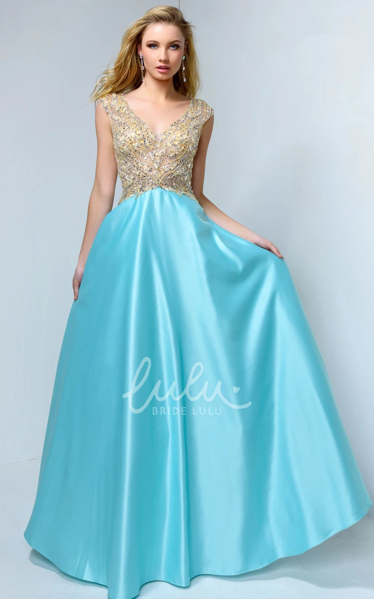 A-Line Satin V-Neck Cap-Sleeve Formal Dress With Beading Low-V Back