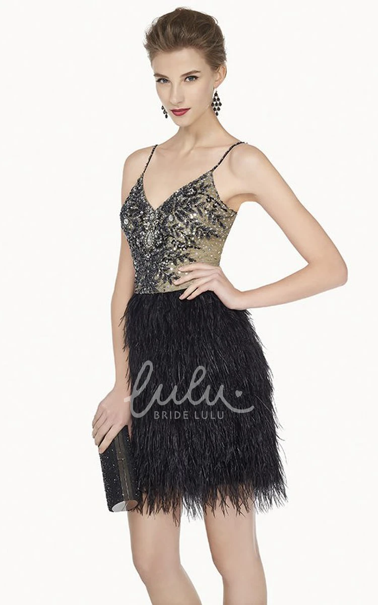 Mini Feather Prom Dress with Beaded Straps Sexy V Neck