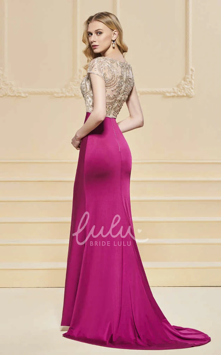 Illusion Beaded Satin Sheath Prom Dress with Plunging Neckline