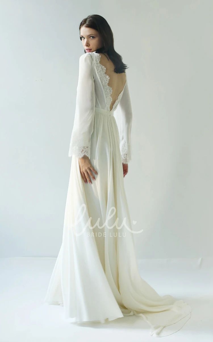 Sexy Deep-V Back Chiffon Bridal Gown with Long Scalloped Sleeves