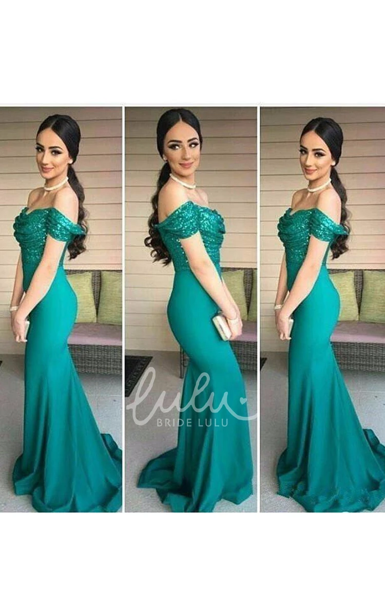 Off-the-shoulder Satin Sequins Dress Cap Short Sleeve Sweep Brush Train Mermaid Trumpet