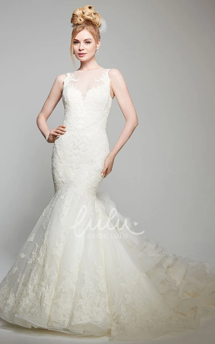 Jewel Lace Mermaid Wedding Dress with Illusion Back Sleeveless Appliqued Dress