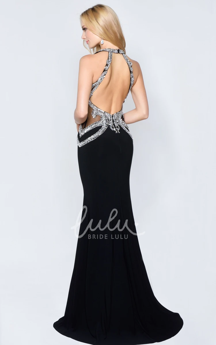 Maxi Jersey Formal Dress with Jewel-Neck and Crystal Detailing