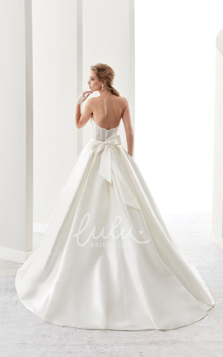 Satin A-Line Wedding Dress with Lace Bodice and Back Bow Sweetheart Neck