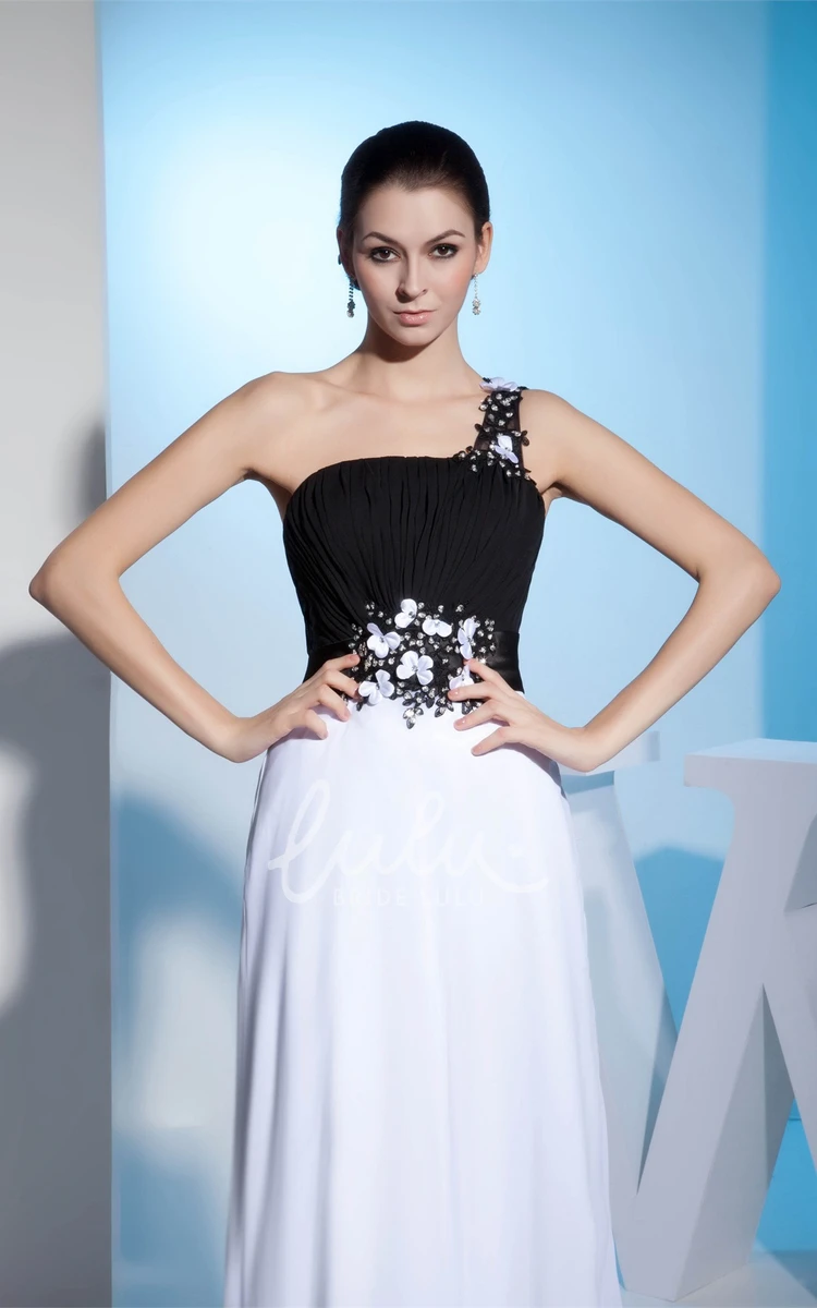 Black-And-White Chiffon Formal Dress with Beading One-Shoulder Floor-Length