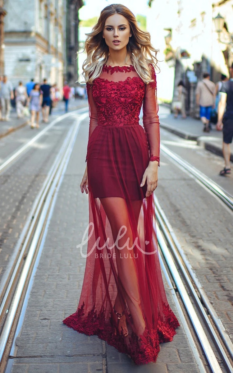 Long Sleeve Tulle Appliques A-Line Formal Dress with Bateau Neckline