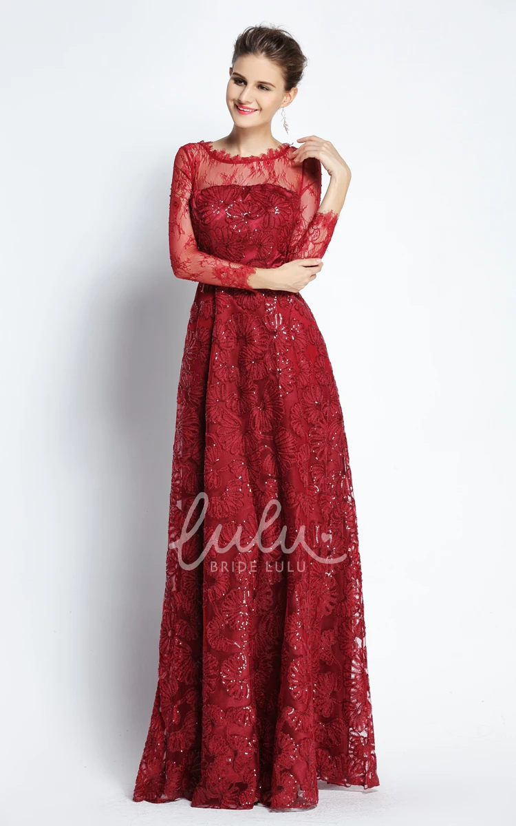 Scalloped Lace Long Sleeve A-Line Prom Dress Elegant Floor-length Women's Dress