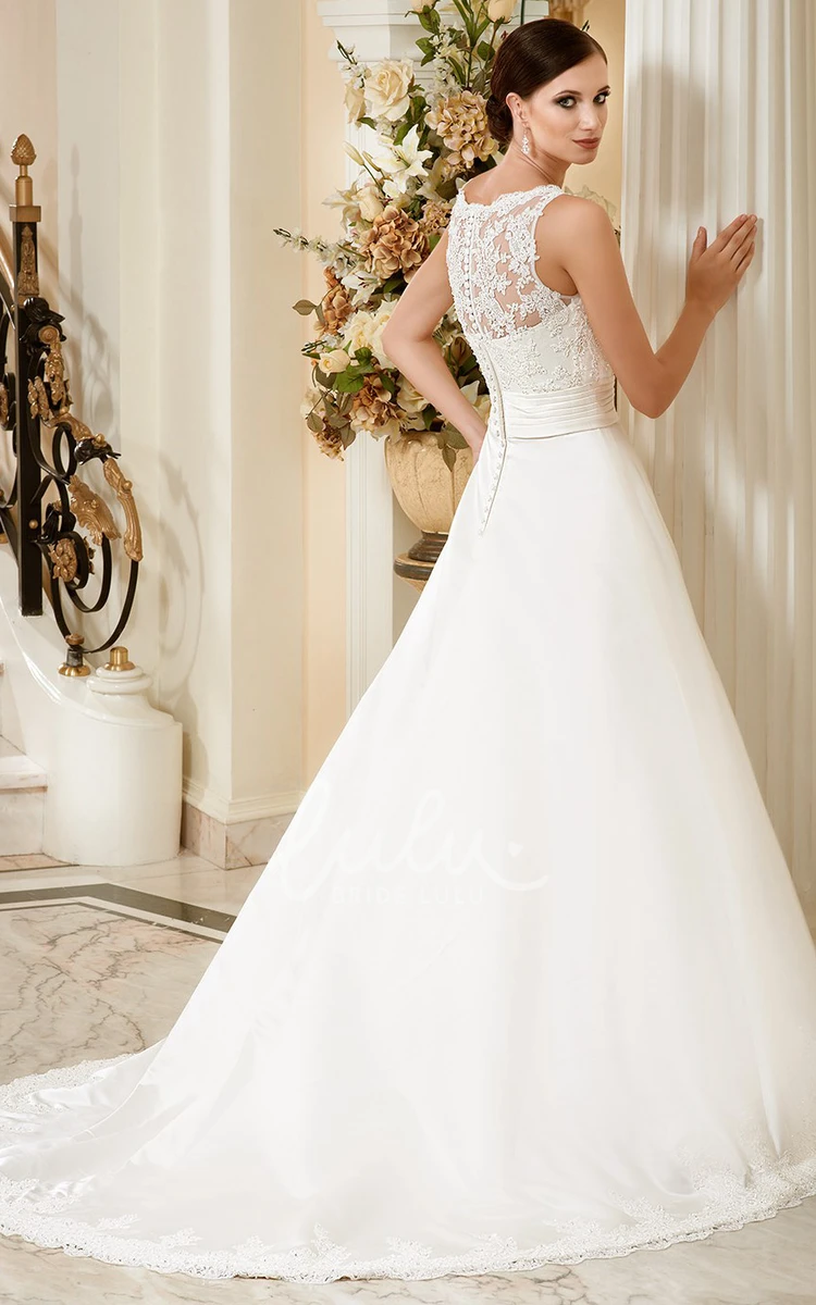 Appliqued Bateau-Neck Satin Wedding Dress Sleeveless A-Line Floor-Length Gown