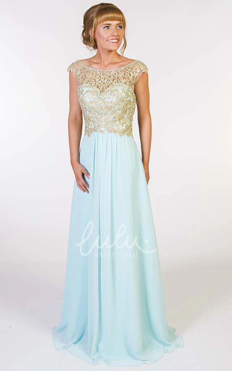 Cap-Sleeve Beaded A-Line Chiffon Prom Dress Floor-Length Pleated