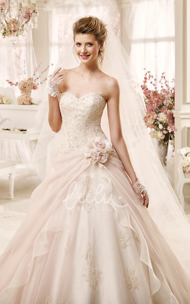 Asymmetrical Overlayer Sweetheart A-line Wedding Dress with Flowers Unique Bridal Gown