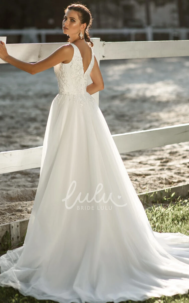 Sexy Plunging Neckline Tulle Sleeveless Wedding Dress With Appliques A-line