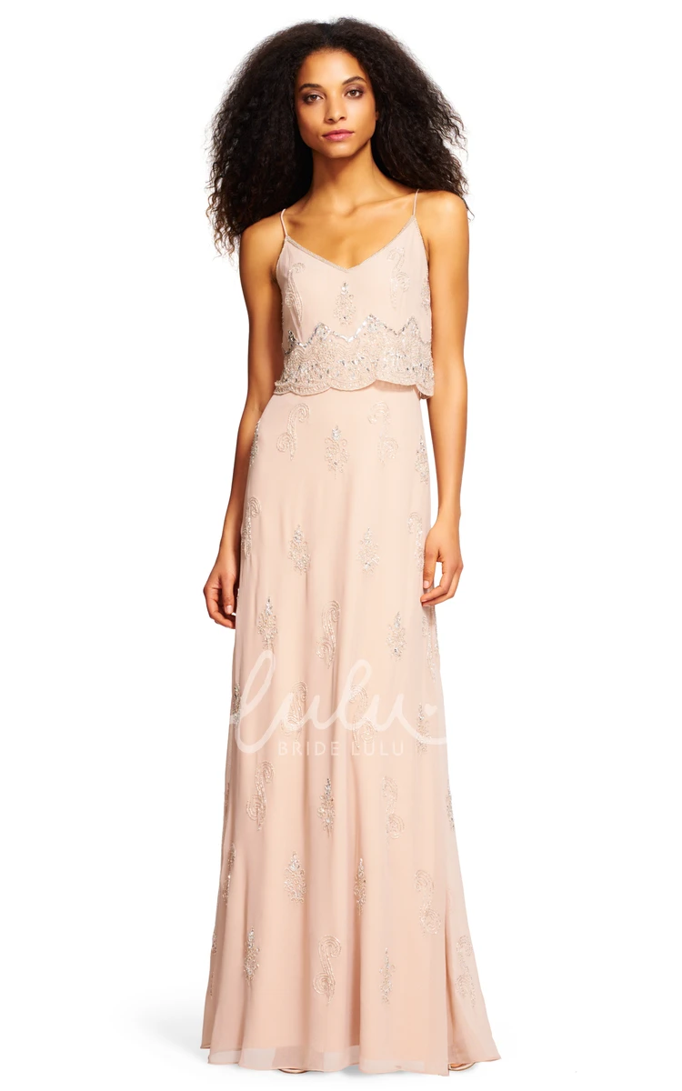 Beaded Chiffon Bridesmaid Dress Spaghetti Sleeveless Sheath