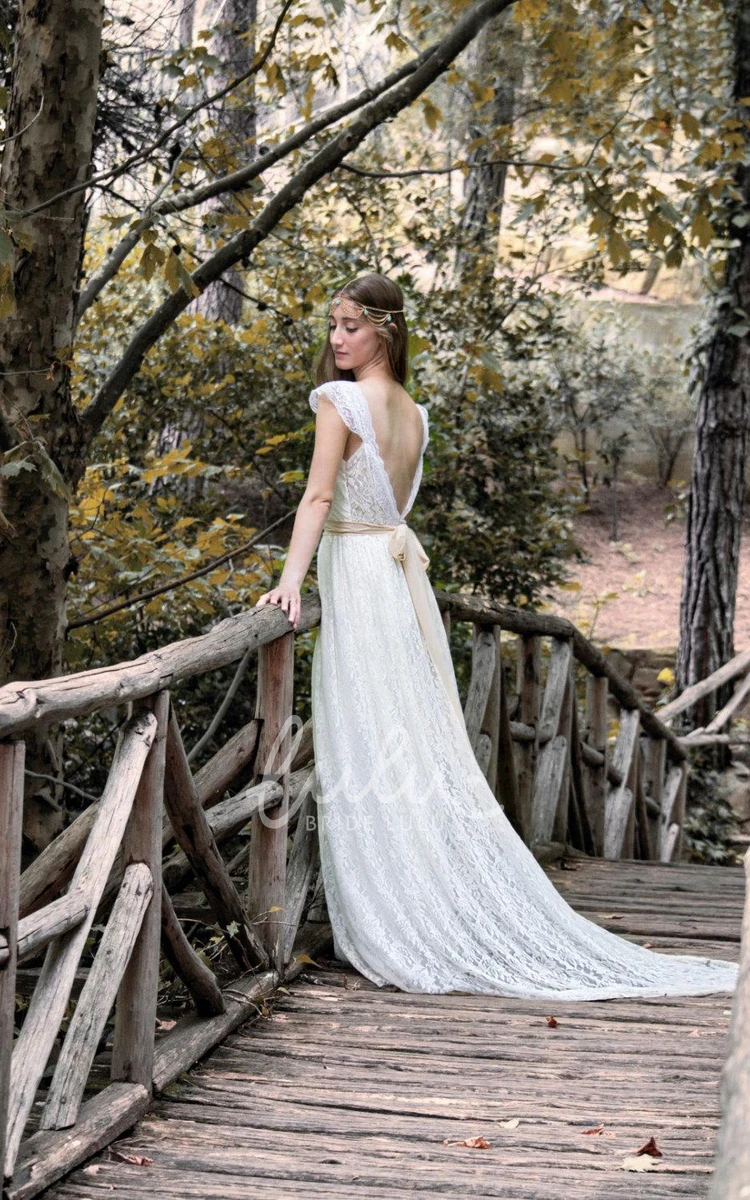 Boho Lace Cap Sleeve Wedding Dress with Beading Romantic & Unique