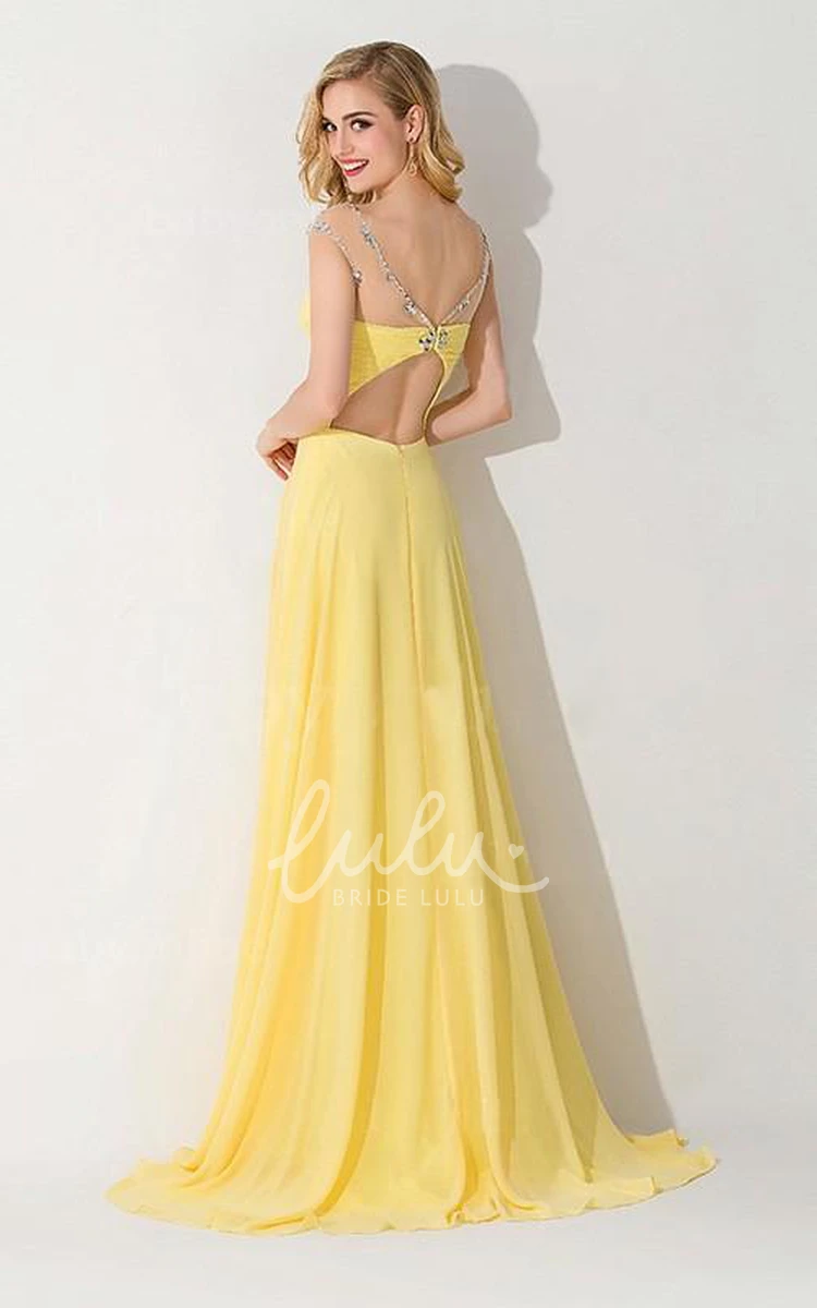 Bateau Chiffon Ruched A-Line Dress Princess Sweep Brush Train Casual