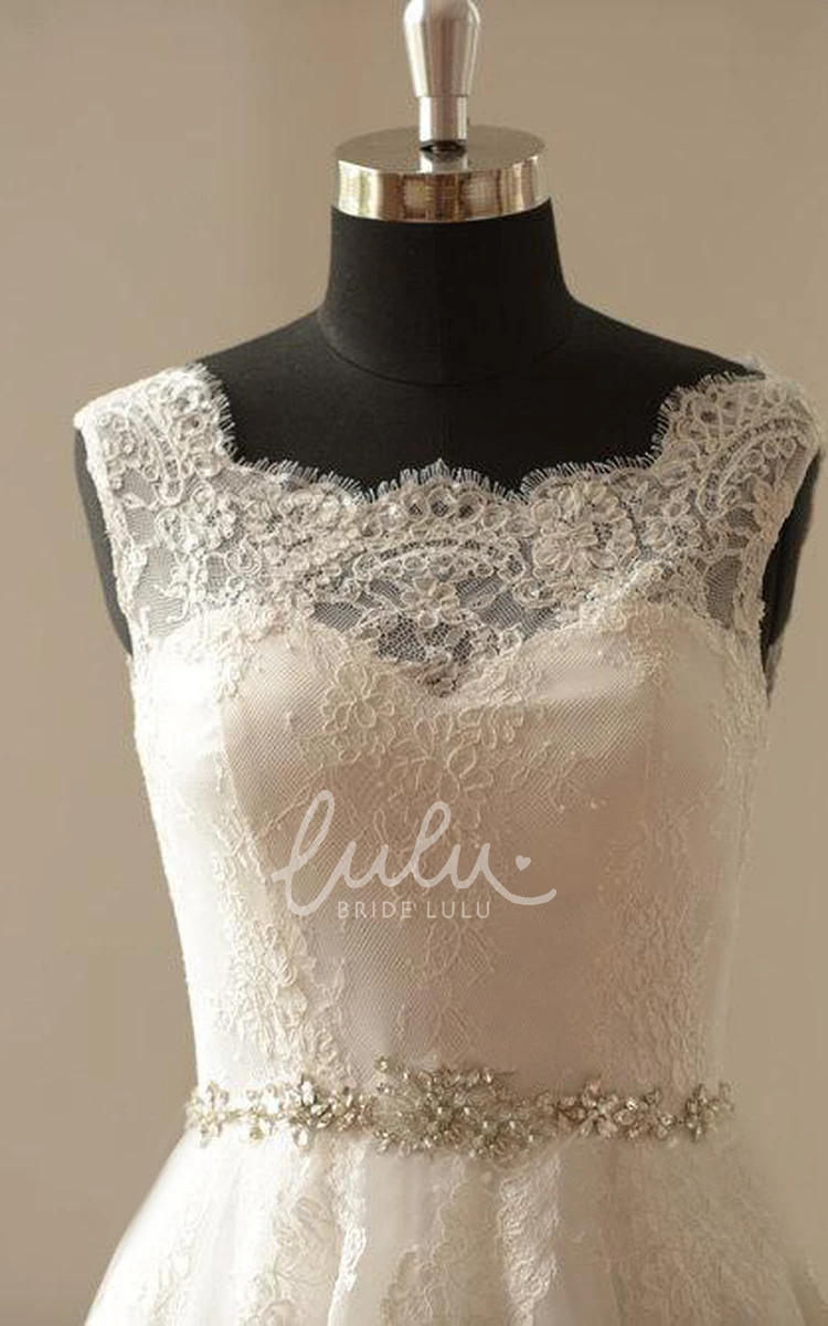 A-Line Lace Wedding Dress with Beaded Sash Train and Sleeveless Design