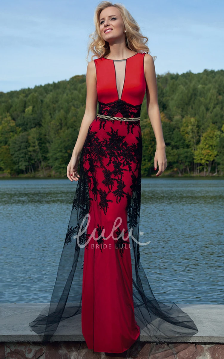 Appliqued Sleeveless Prom Dress with Brush Train Long Pencil Scoop Neck