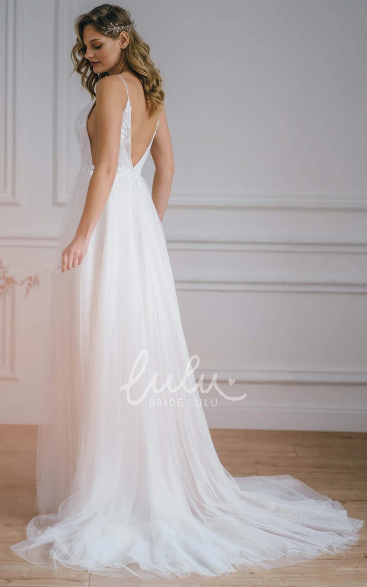 Appliqued Plunging Neckline A-Line Wedding Dress with Tulle & Sweep Train