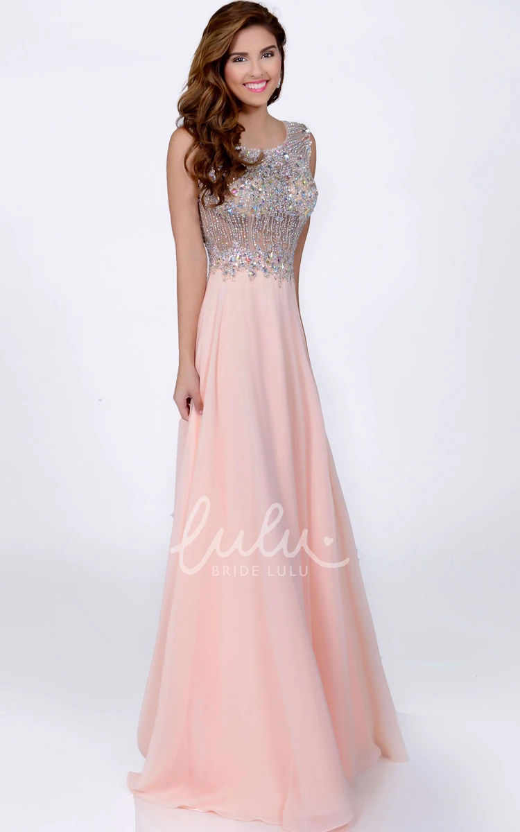 Sleeveless A-Line Chiffon Prom Dress with Rhinestone Bodice and Keyhole Back Classy Prom Dress