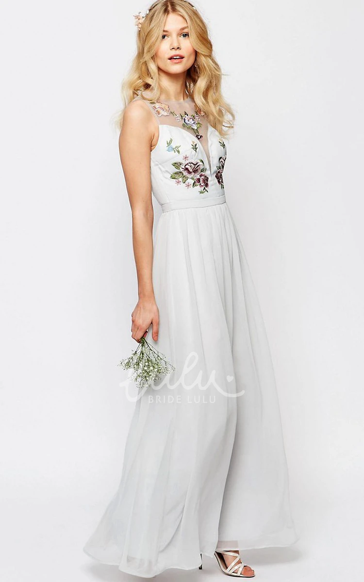 Embroidered Ankle-Length Chiffon Bridesmaid Dress with Scoop Neck Unique Flowy Dress