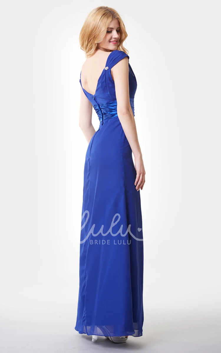 Long Chiffon A-line Dress with V-back and Cap Sleeves for Prom