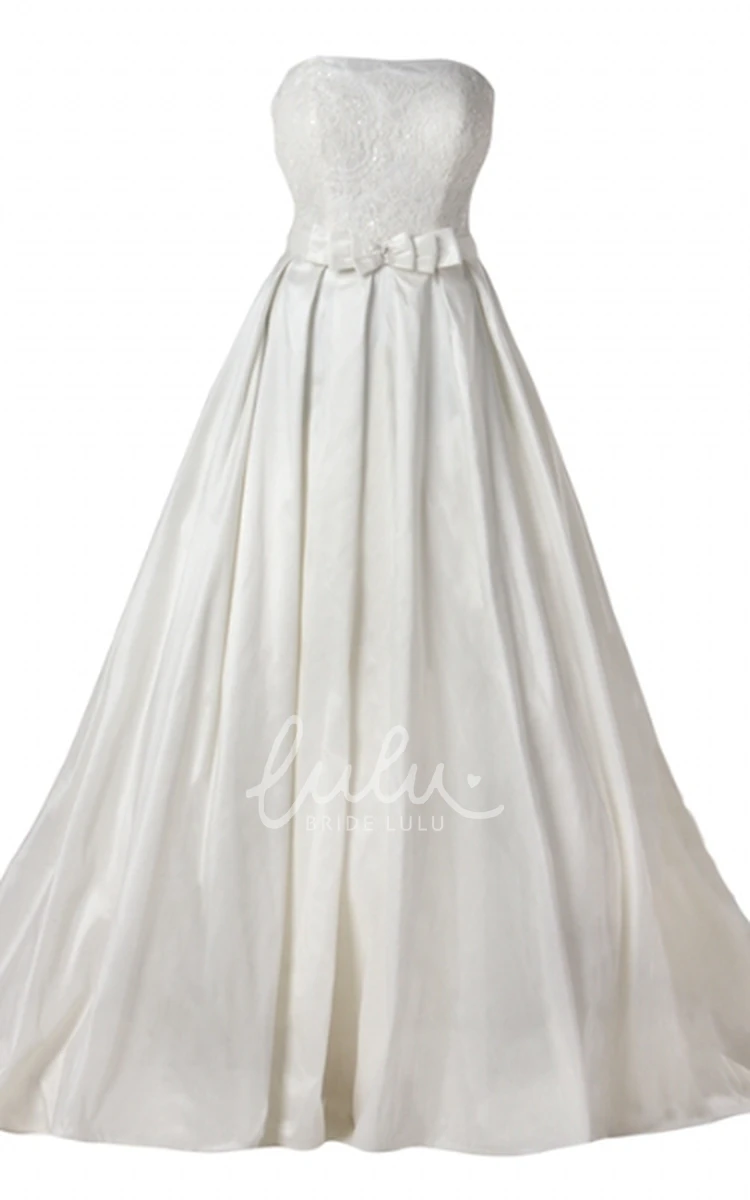 A-Line Floor-Length Appliqued Strapless Sleeveless Satin Wedding Dress Strapless Satin Wedding Dress with A-Line Silhouette and Appliques